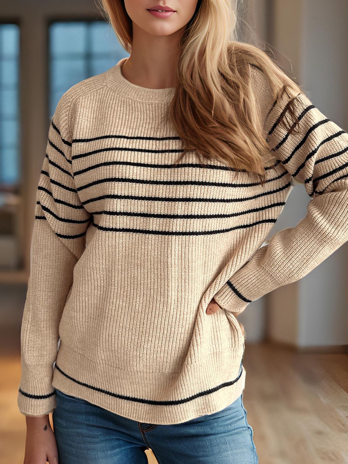 Breton stripe ribbed knit crewneck sweater in tan with black stripes, crew neck, long sleeves.
