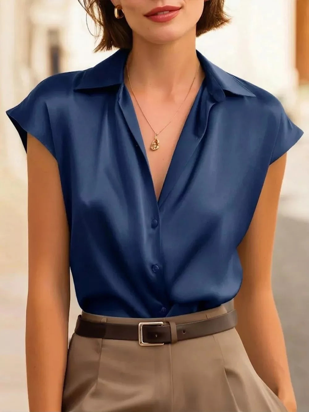 Dark blue cap sleeve button-up shirt with a collared neckline and lustrous finish.