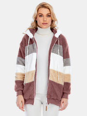 Teddy fleece zip-up hoodie with color block stripes and drawstring hood.