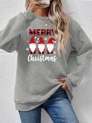 Gray Christmas gnome graphic sweatshirt with red plaid Merry text and snowflakes.