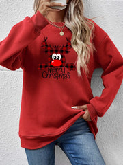 Plaid reindeer Merry Christmas sweatshirt in Deep Red with crew neck and long sleeves.