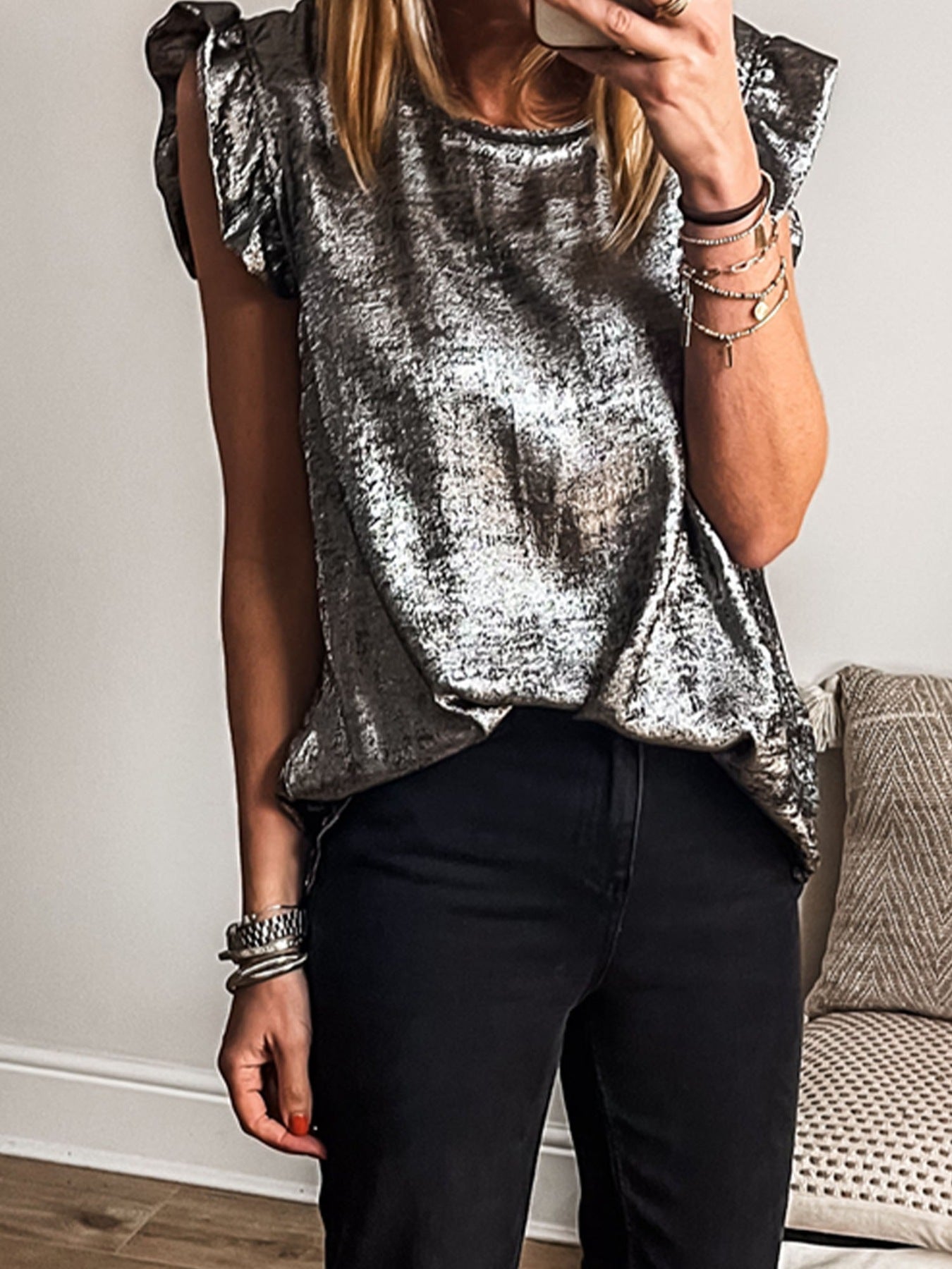 Elegant silver ruffled neck tank top with cap sleeves