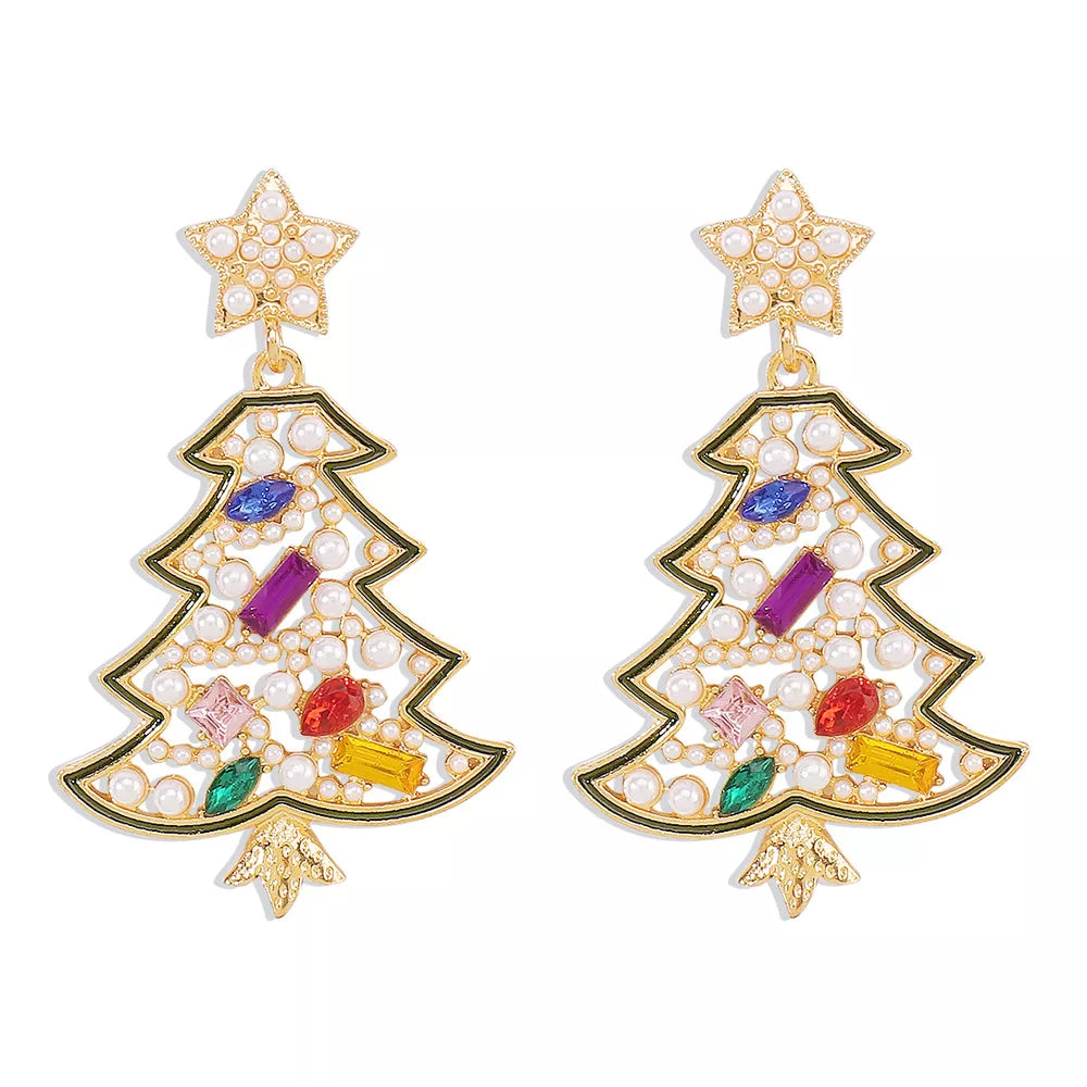 Festive dangle earrings shaped like Christmas trees with colorful rhinestones and pearl accents.