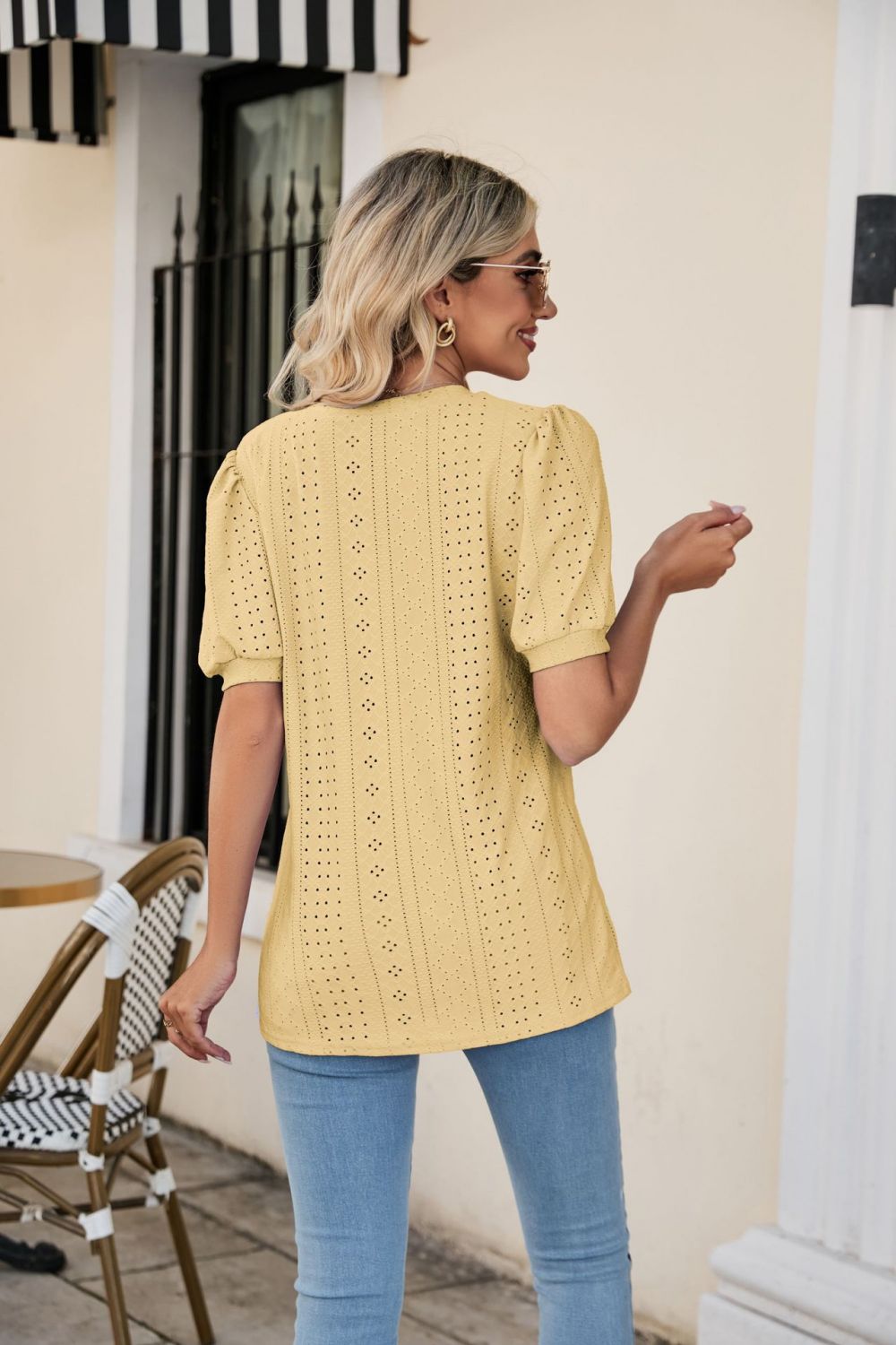 Yellow perforated puff sleeve v-neck blouse with eyelet detail