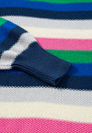 Chunky knit crewneck sweater with horizontal stripes in green, blue, navy, grey, cream, and pink.