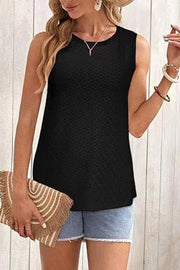 Black textured sleeveless scoop neck tank top with a subtle geometric pattern.