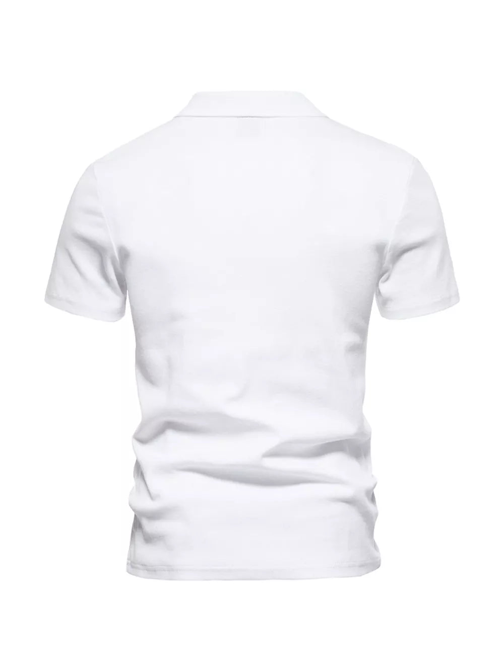 Men's white cotton blend casual polo shirt with notched collar and short sleeves.