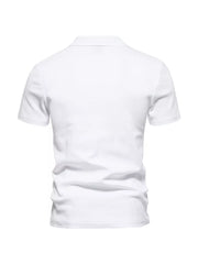Men's white cotton blend casual polo shirt with notched collar and short sleeves.