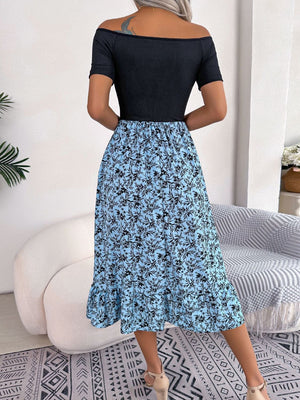 Floral print off-shoulder midi dress in sky blue with black floral pattern and ruffled hem.