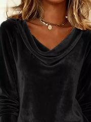 Black velvet cowl neck t-shirt with long sleeves.