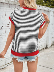 Textured knit top with black and white stripes, cap sleeves, and red trim.