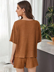 Relaxed waffle knit henley short set in caramel with short sleeves and elastic waist shorts.