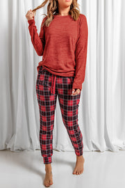 Deep Red long sleeve top and red plaid jogger pants with drawstring waist.