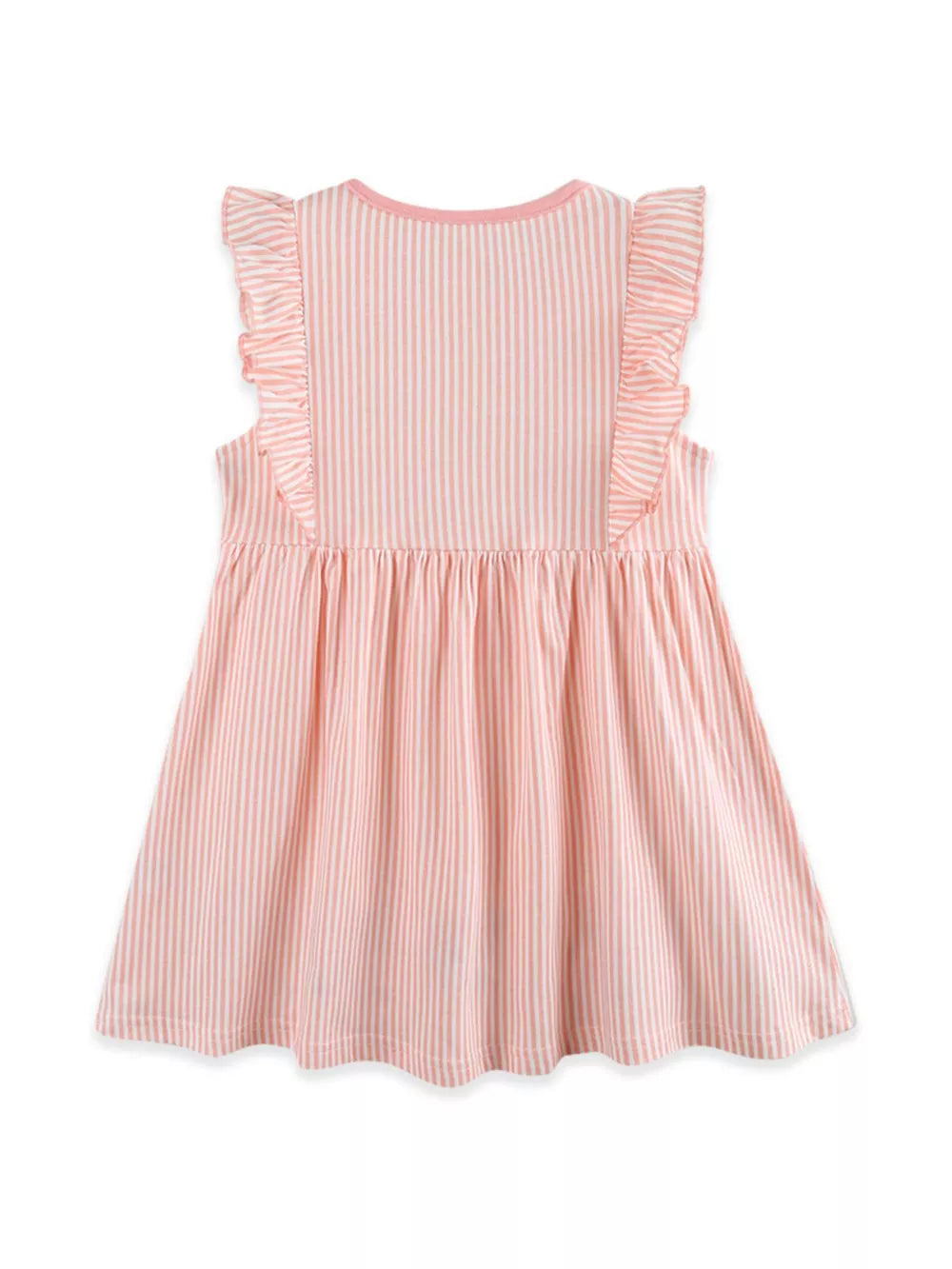 Pink striped baby dress with ruffle sleeves and gathered skirt.