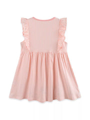 Pink striped baby dress with ruffle sleeves and gathered skirt.