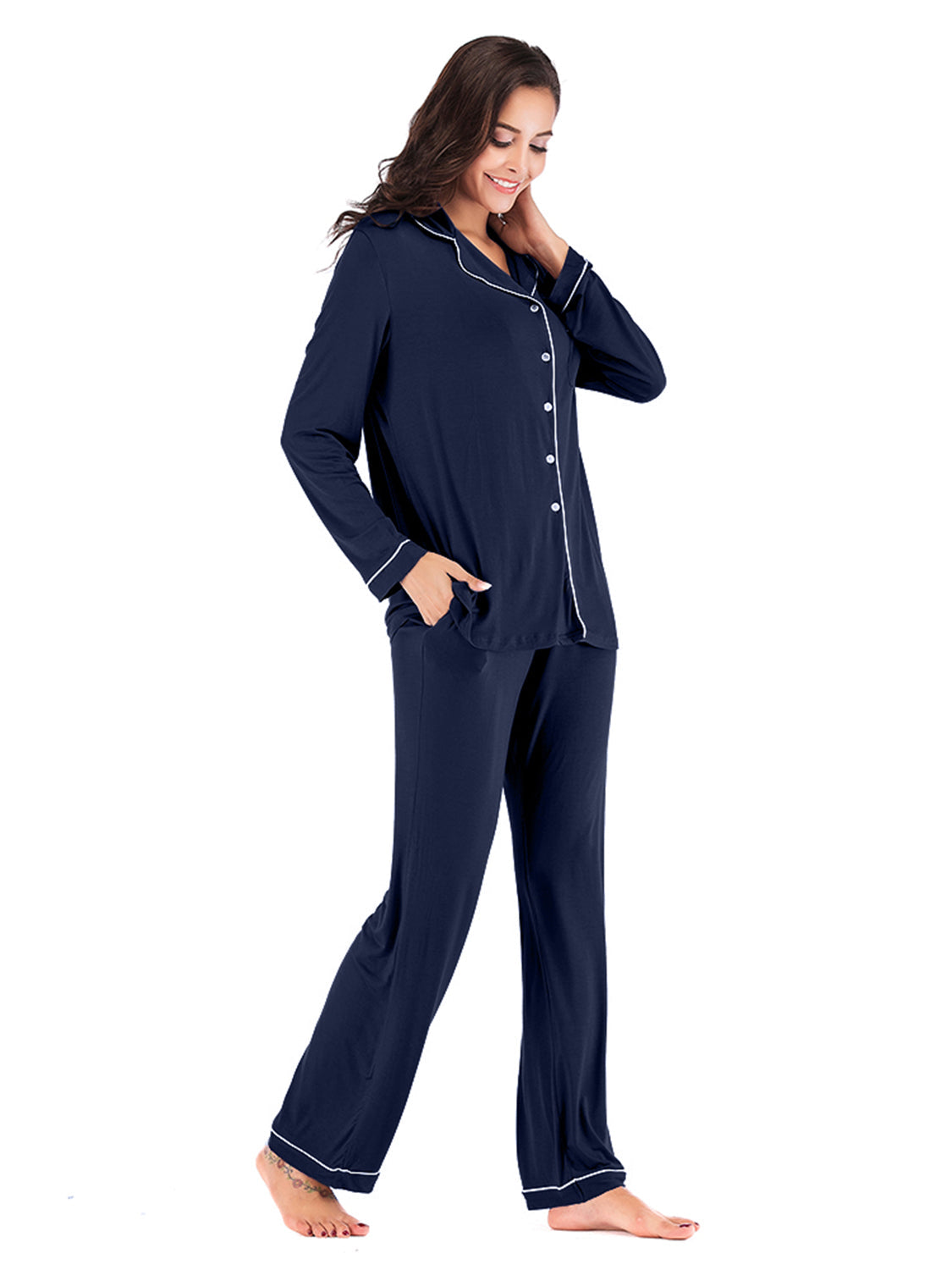 Navy piped trim pajama set with pockets and long sleeves.