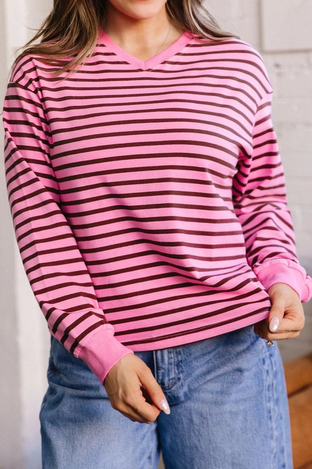 Stripe V Neck Drop Shoulder Long Sleeve Shirt, front view
