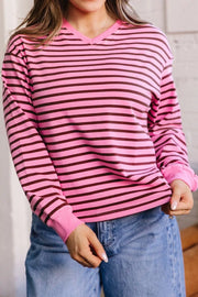 Stripe V Neck Drop Shoulder Long Sleeve Shirt, front view
