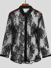 Black sheer floral embroidered button-down shirt with lace detailing