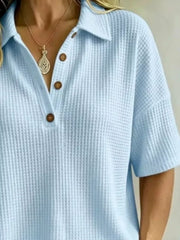 Full Size Waffle Knit Polo Top Plus Size, model styling view