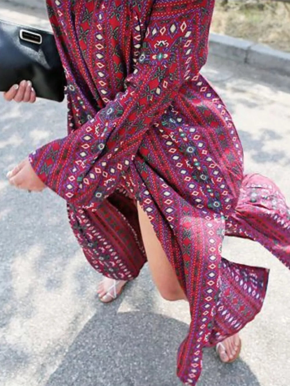 Bohemian Print Midi Dress With Side Slits in Red, back view
