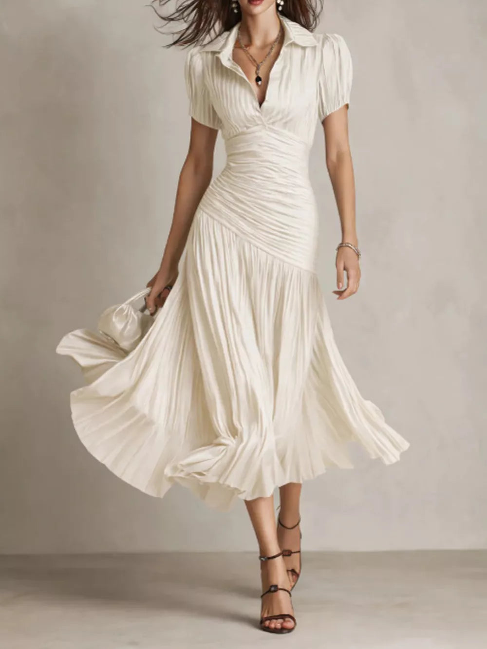 Elegant beige ruched midi dress with pleated skirt and collared neckline