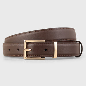 Brown leather belt with minimalist golden buckle and gold keeper loop.