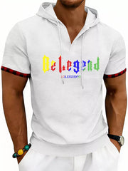 Men's Full Size Letter Graphic Short Sleeve Hooded Top in Royal Blue, close-up detail