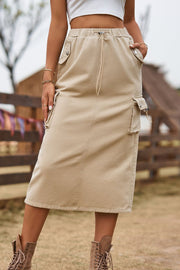 Tan utility midi skirt with drawstring waist and cargo pockets