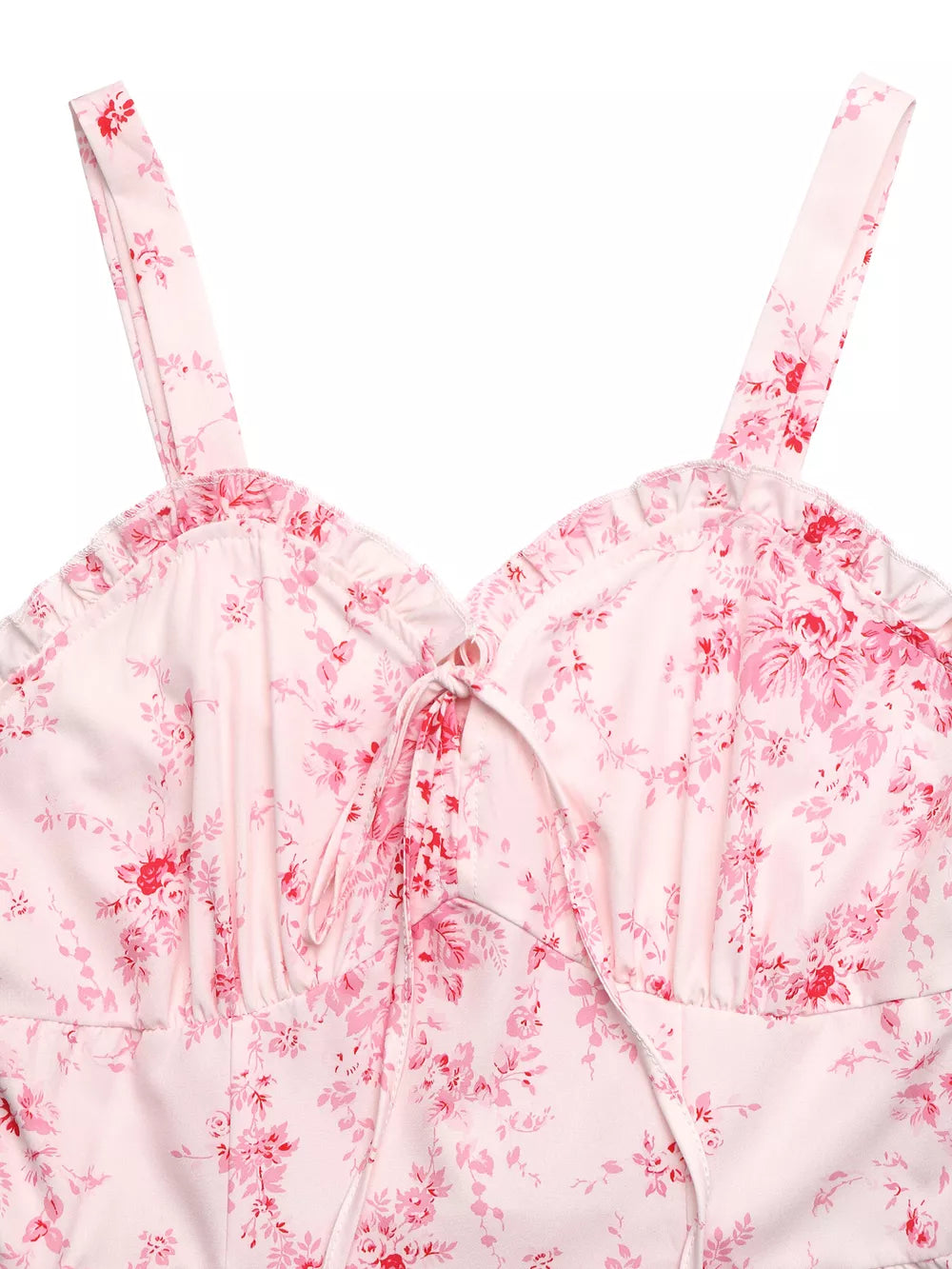 Romantic floral cami dress with sweetheart neckline, tie front, and frill trim.