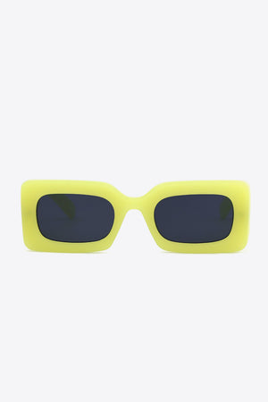 Neon yellow acetate rectangle sunglasses with dark lenses