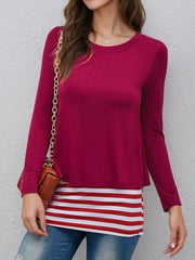 Layered Crew Neck Long Sleeve Striped T-shirt in Light Gray, front view