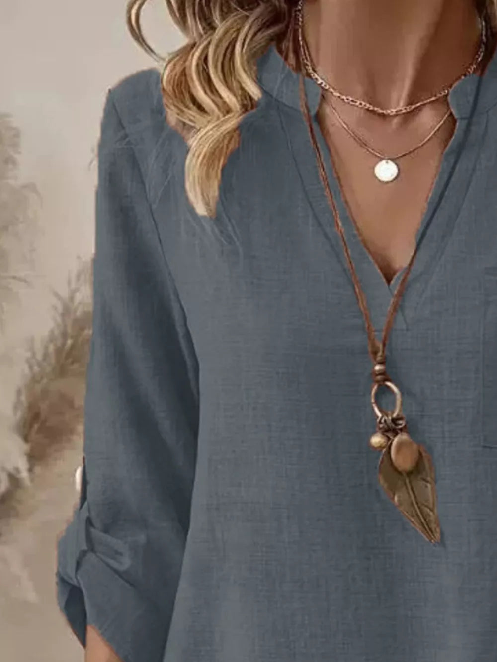 Casual V-neck Roll-sleeve T-shirt With Pocket in Khaki, fit detail