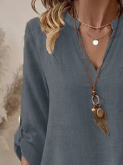 Casual V-neck Roll-sleeve T-shirt With Pocket in Khaki, fit detail