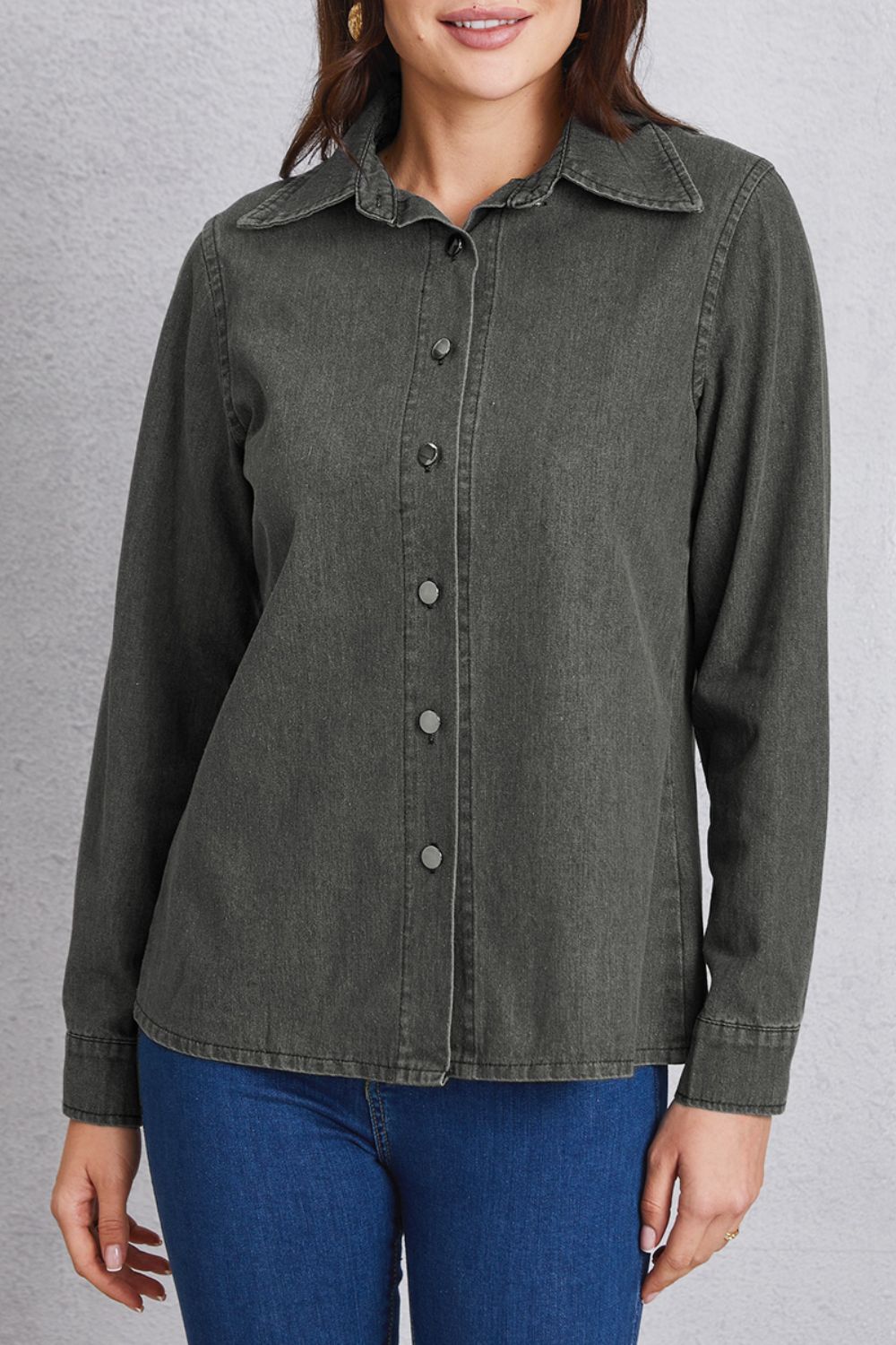 Dark gray washed denim shirt with pointed collar and button front.
