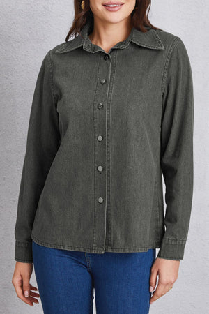 Dark gray washed denim shirt with pointed collar and button front.