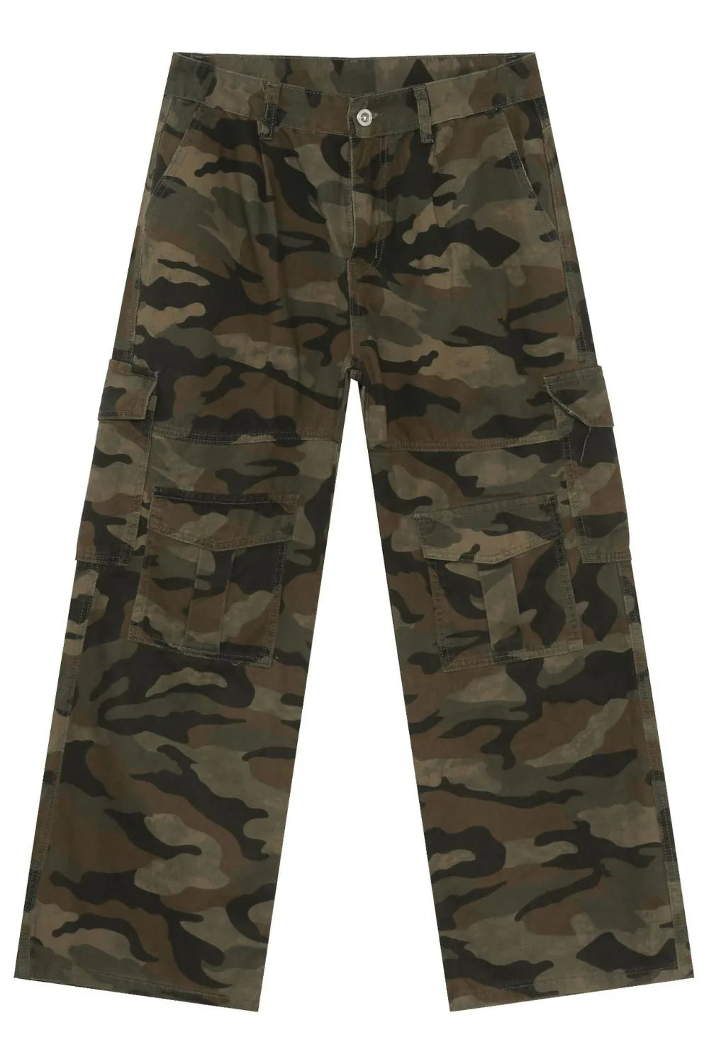Cargo camo wide-leg utility trousers with multiple pockets and a green camouflage pattern.