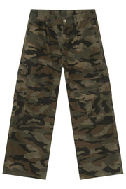 Cargo camo wide-leg utility trousers with multiple pockets and a green camouflage pattern.