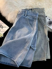 Men's high-waisted wide-leg denim shorts in light blue wash with pocket details.