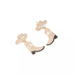 Cowboy charm dangle earrings with boot and hat design in ivory white and gold.