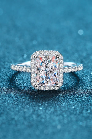 Silver radiant cushion cut halo ring with pave band