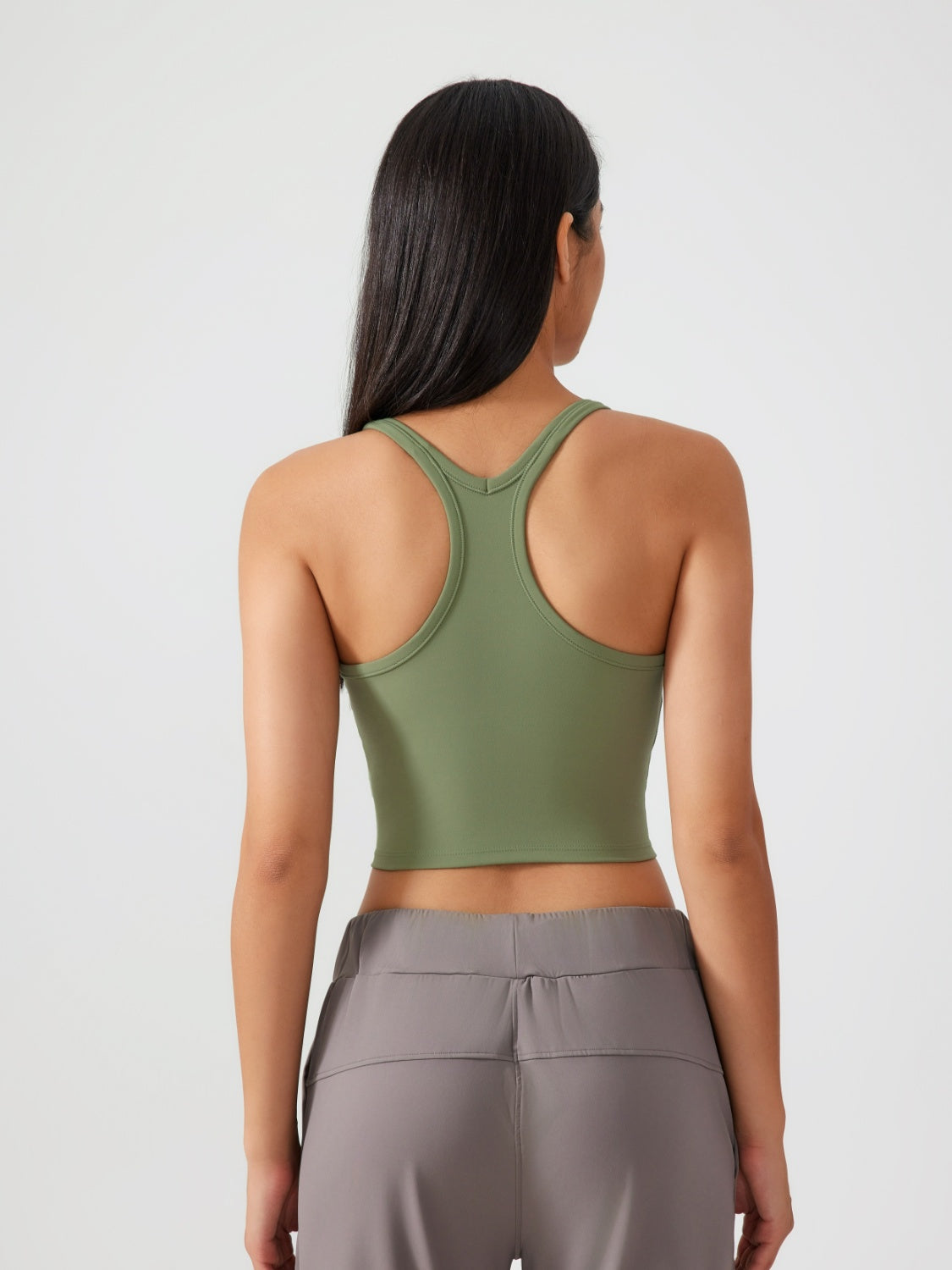 Sculpted Racerback Crop Tank in Sage, showing back view with racerback detail.