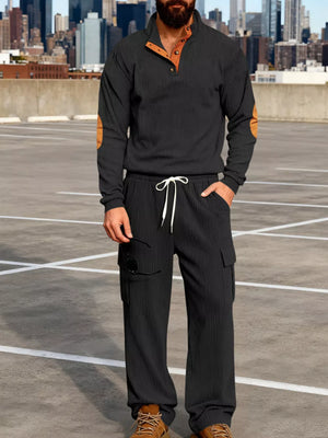 Men's Casual Button Detail Top And Pants Set in Gray, side view
