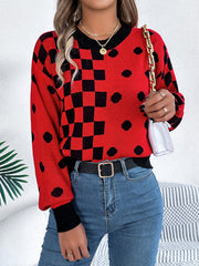 Red acrylic sweater with checkerboard and dot intarsia pattern, crew neck, long sleeves.