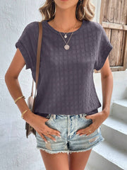Woven texture cap-sleeve top in dark grey with a crew neck.