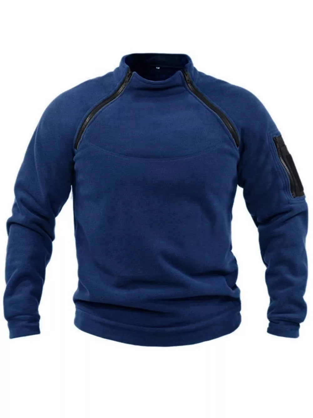 Men's navy fleece sweatshirt with zippered chest and sleeve pockets