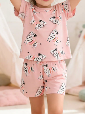 Pink zebra print toddler top and shorts set, cotton blend, short sleeve, elastic waist shorts.