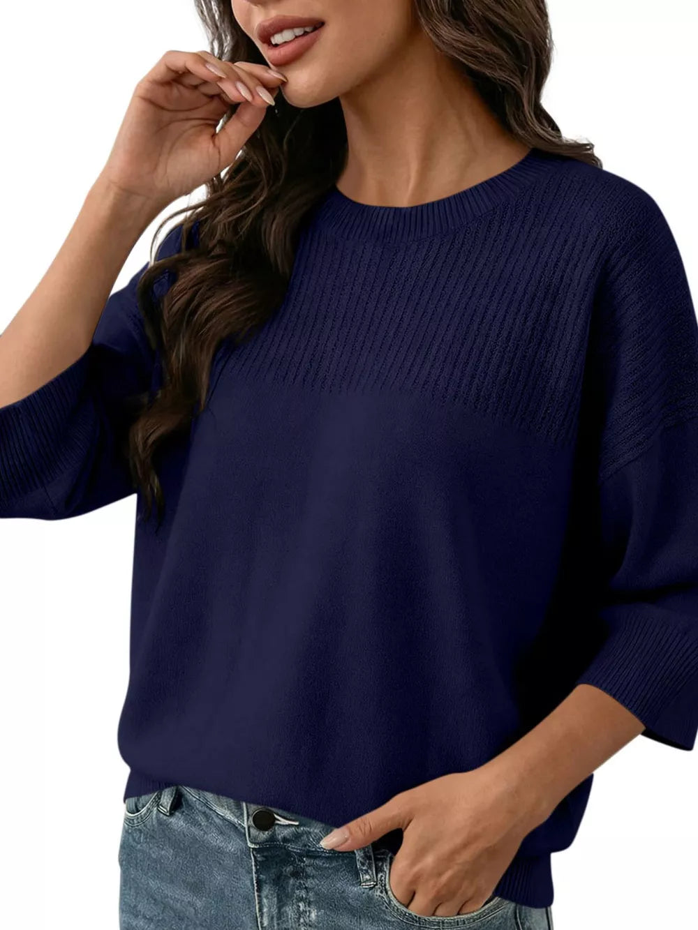Elegant Crew Neck Eyelet Ribbed Sweater in Pink, alternate angle