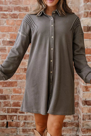 Casual Button-down Dress With Pockets in Dark Gray, model styling view