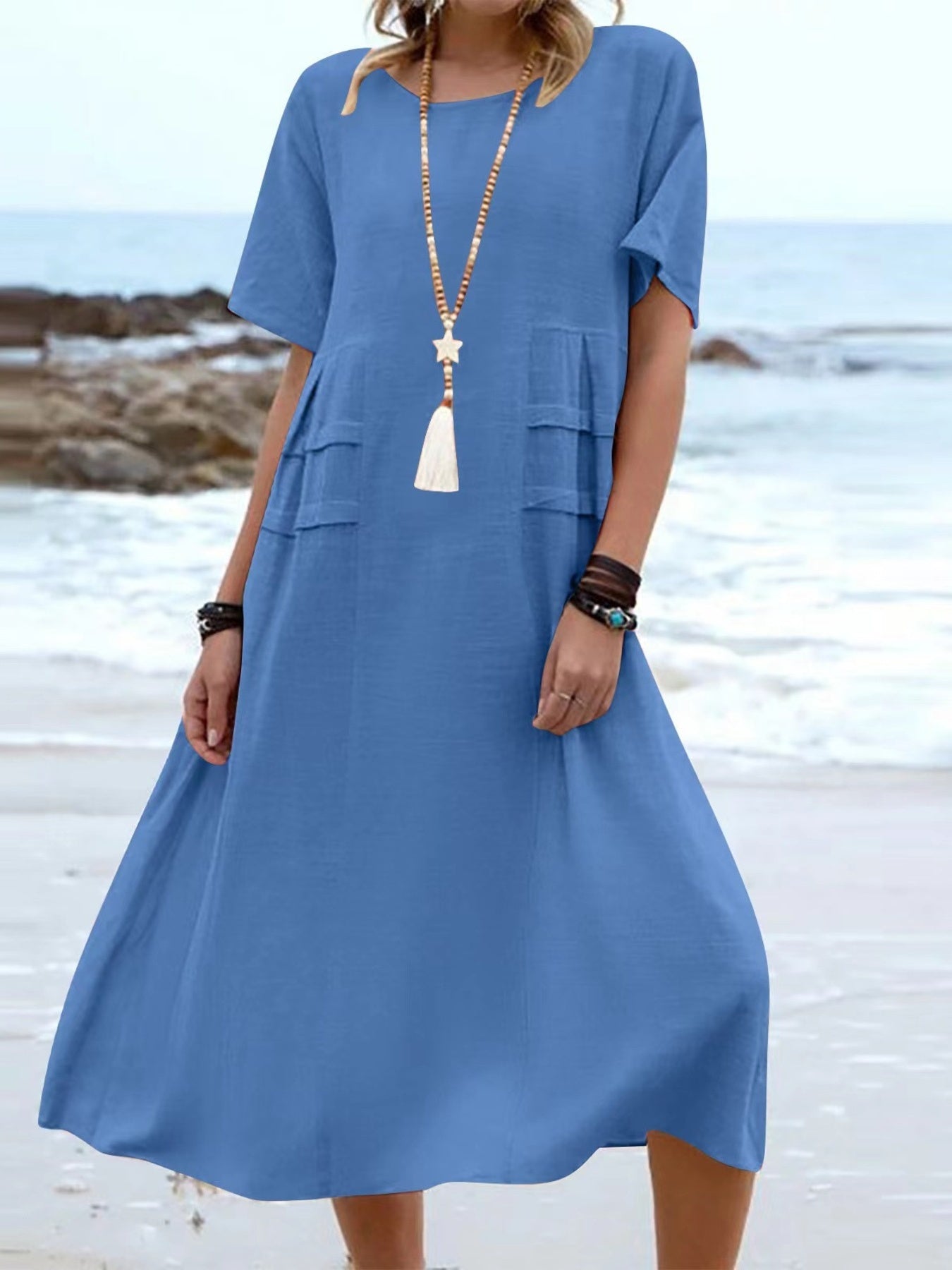 Full Size Casual Linen Blend Midi Dress in Royal Blue, view 16